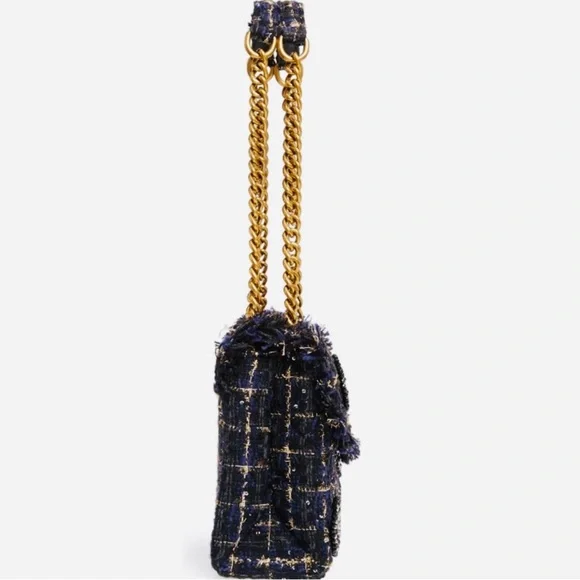 KURT GEIGER NAVY & BLACK EMBELLISHED with Gold Accent Tweed Handbag - Gold Chain - Picture 15 of 16